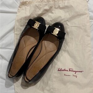 Salvatore Ferragamo Black Patent Vara Bow Flats with Gold Logo